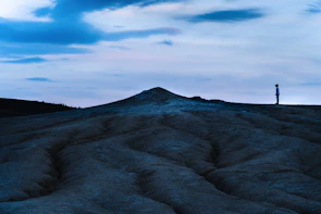 A wide shot of a solitary figure standing against a vast, dark landscape under a muted sky.