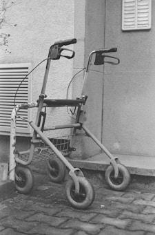 A monochrome image featuring a walker with four wheels parked on a cobblestone pavement next to a building. The walker is positioned leaning against a metal structure for support. The scene includes part of the building wall with a vent and some foliage visible in the background.