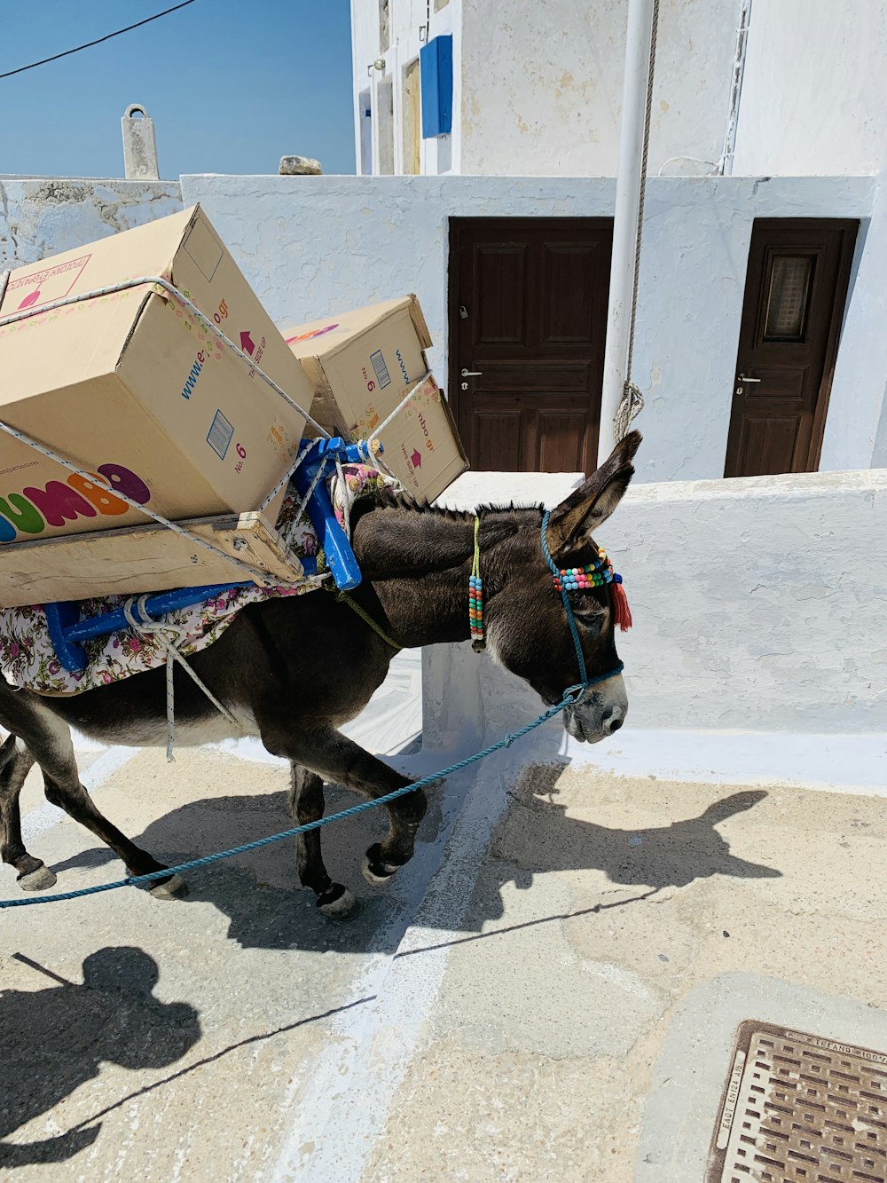 a donkey pulling a cart with boxes on its back
