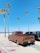 A vintage brown Chevrolet pickup truck is parked next to a modern black pickup on a sandy beach with tall palm trees. The ocean is visible in the background under a clear blue sky.