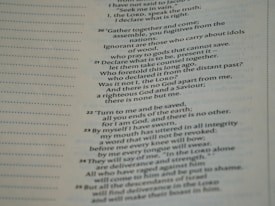 A close-up view of a page from a Bible, featuring passages in both regular and bold text. The text is formatted in a column with numbers preceding certain lines, set against a background of light-colored paper.