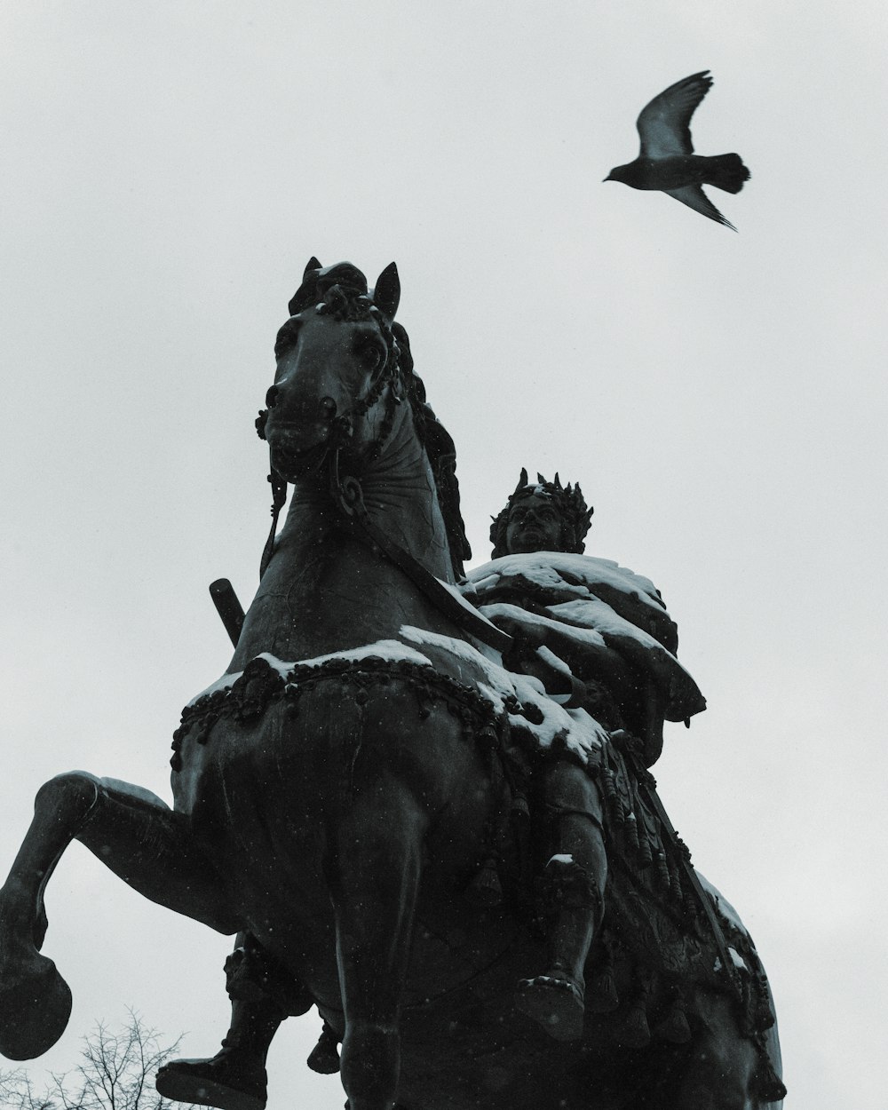 a black and white photo of a statue of a man on a horse