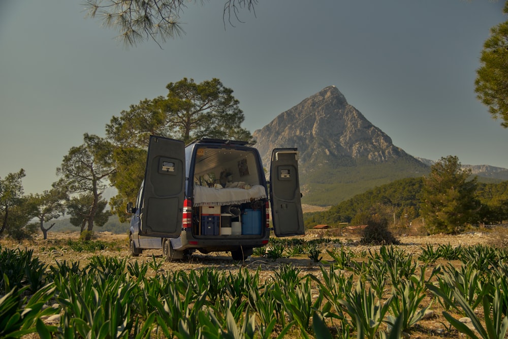 a van is parked in a field with a mountain in the background