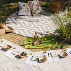 Elegant outdoor rug set up in a garden setting.