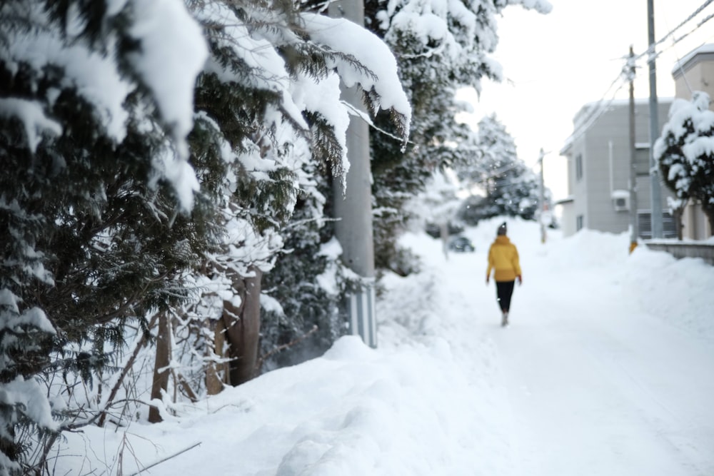 a person walking down a snow covered street