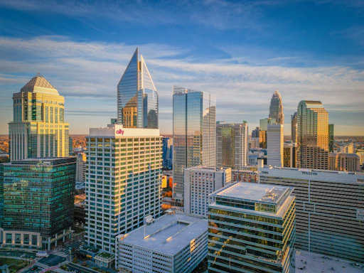 a view of a city with tall buildings