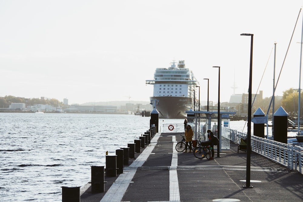 a large cruise ship docked at a pier