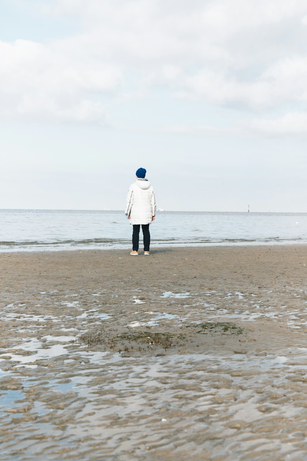 a person standing on a beach near the ocean