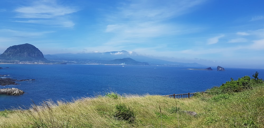 a view of a body of water with a mountain in the background