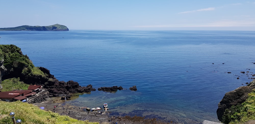 a group of people standing on top of a lush green hillside next to the ocean