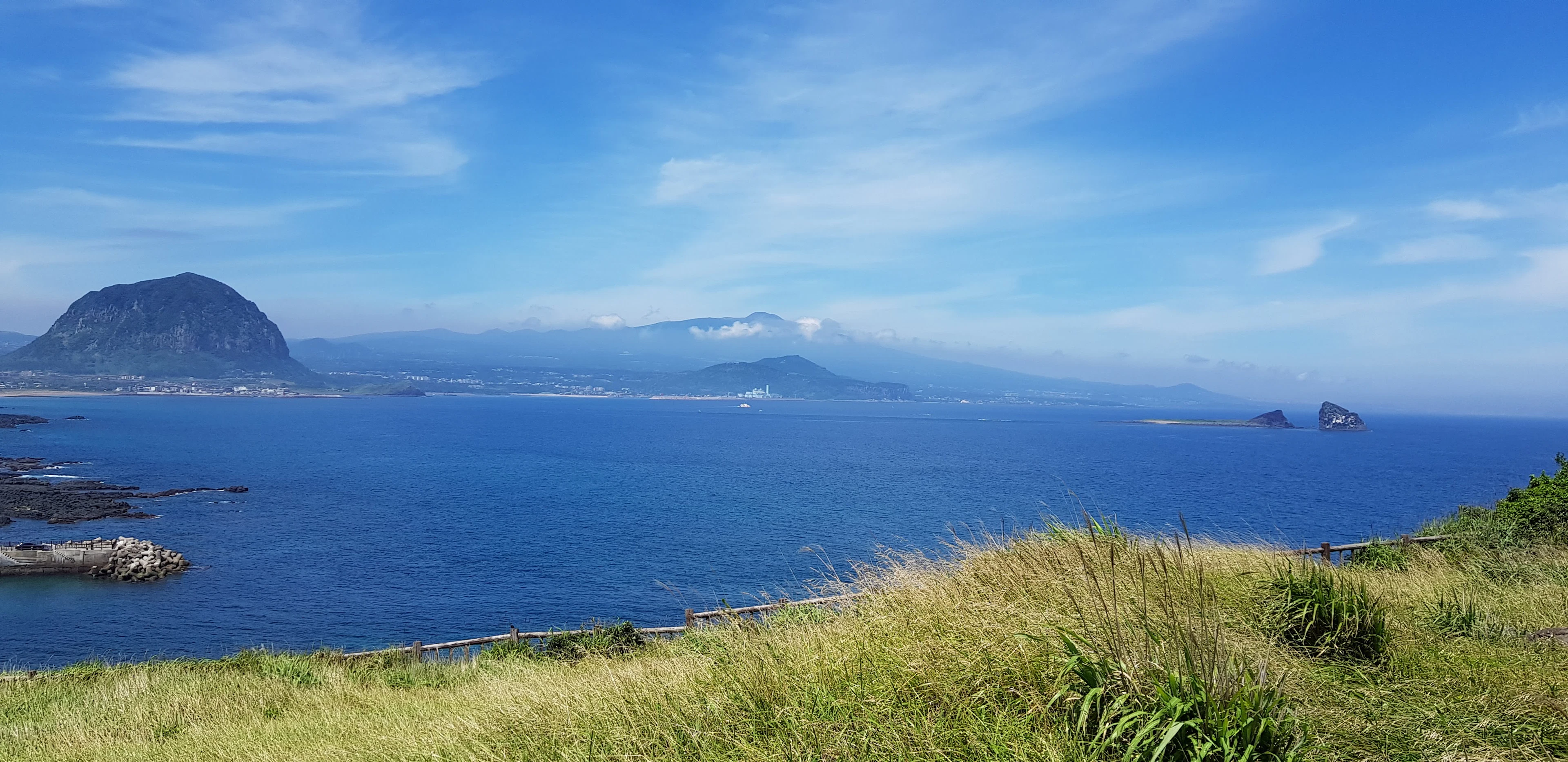 Tall grass in the foreground overlooks a blue bay with a distant volcanic peak and small islands.