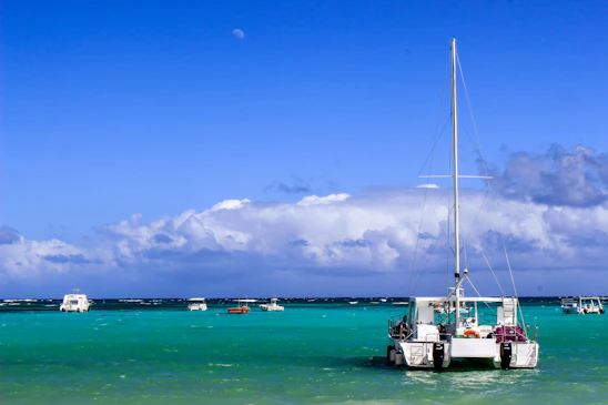 A majestic catamaran cutting through crystal-clear blue sea near Naousa Bay under a sunny sky.