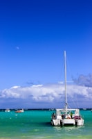 A sleek Bali catamaran anchored near a turquoise Caribbean beach under a clear blue sky.