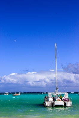 A catamaran is anchored in clear turquoise waters under a deep blue sky. Other small boats are visible in the distance against a backdrop of fluffy white clouds. The scene is tranquil and picturesque, suggesting a tropical setting.