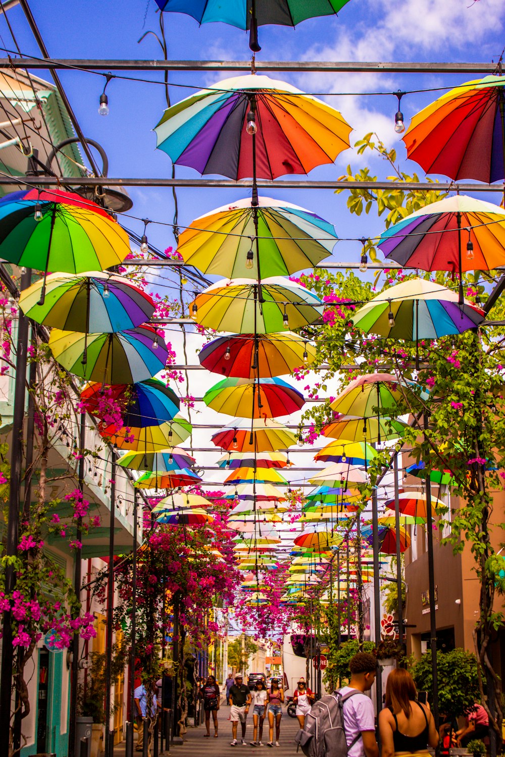 a group of people walking down a street under umbrellas