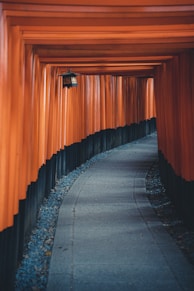 a walkway lined with orange gates leading to a light