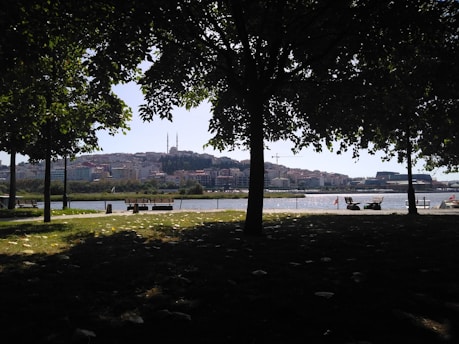 A serene park scene with lush green trees providing shade in the foreground. There are benches along a pathway beside a calm body of water, with chairs closer to the water's edge. The background reveals a cityscape with a prominent hilltop structure featuring minarets.