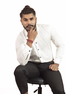 Cartoon style happy client before beard transplant, looking thoughtful