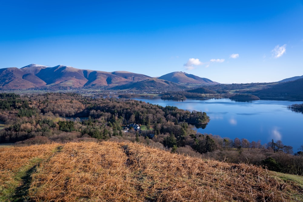 a scenic view of a lake surrounded by mountains