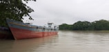 A large cargo ship named M.V. Fabiha Aysha is docked on a calm river, with lush green trees lining the riverbank under a cloudy sky.