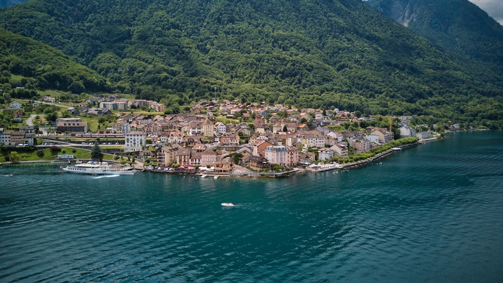 an aerial view of a small town on a small island