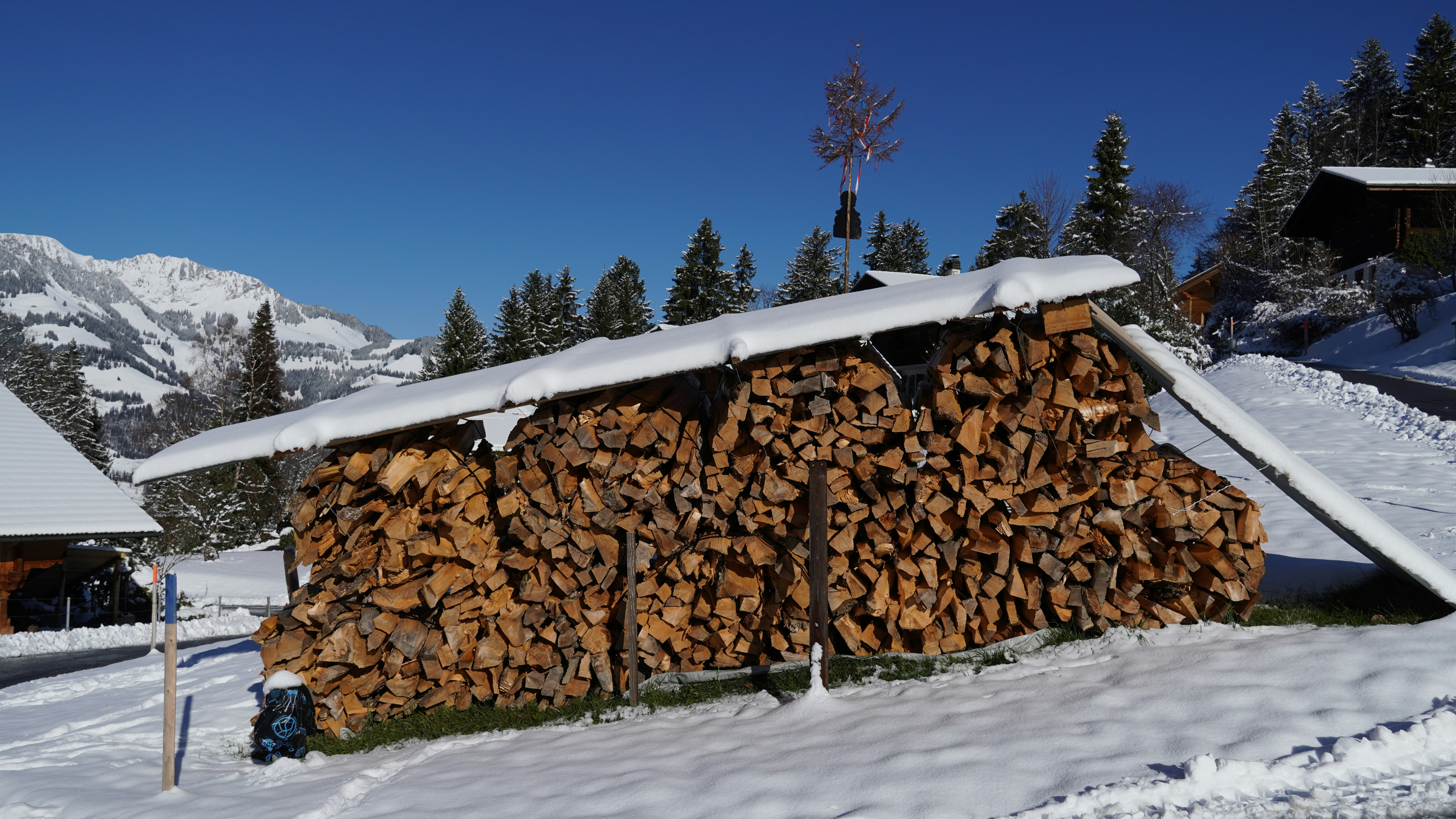 a large pile of logs sitting in the snow
