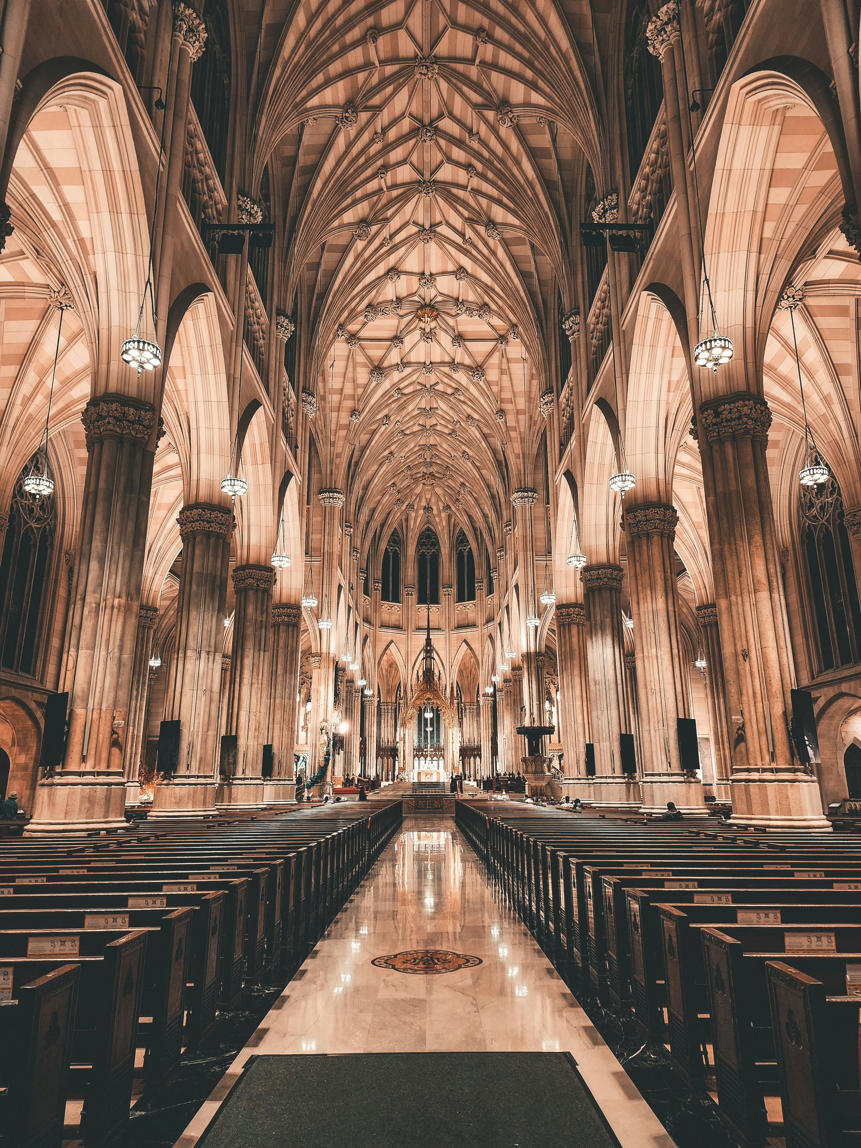 Bishop speaking at a Catholic conference, cathedral interior, warm lighting, reverent setting