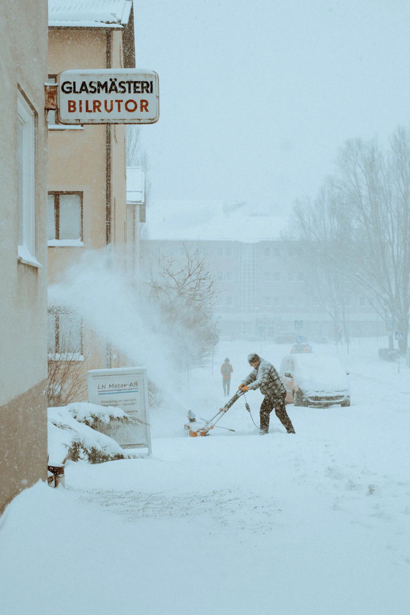 Person clearing a snowy driveway with a snow blower
