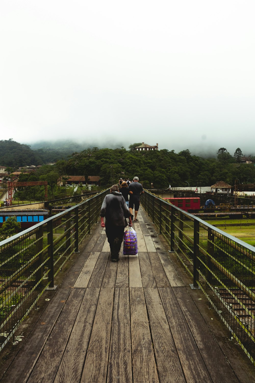 a group of people walking across a wooden bridge