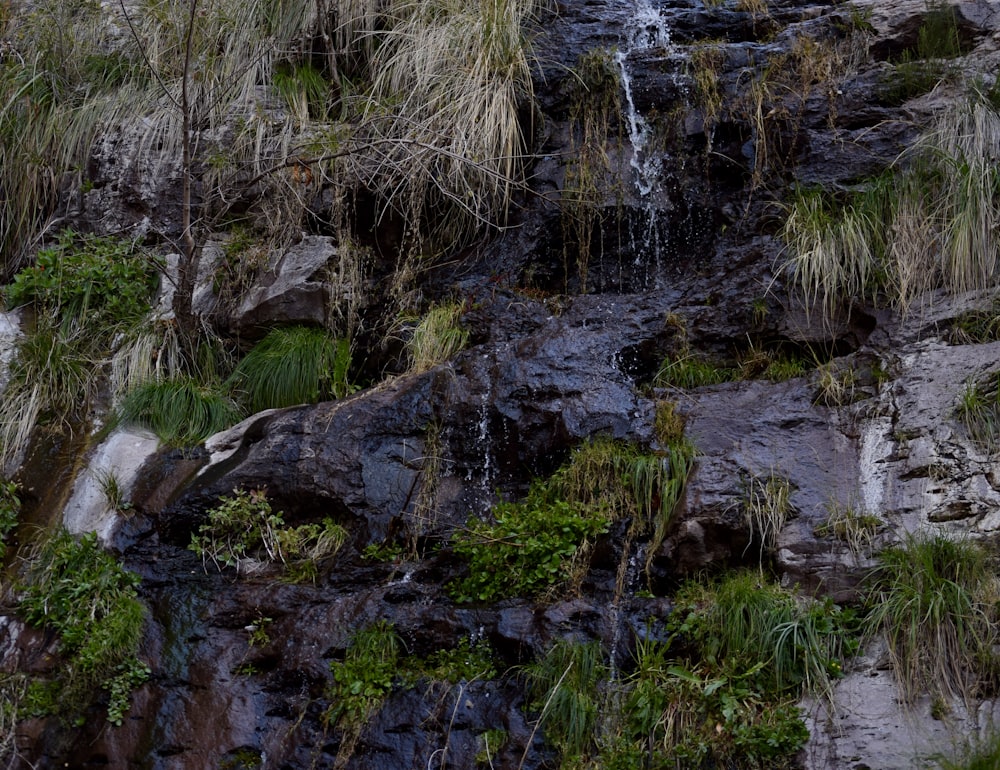 a waterfall with water cascading down it's side