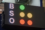 A large electronic scoreboard displays the letters 'B', 'S', and 'O' on the left side with corresponding colored dots to the right. The dots are arranged vertically in a traffic-light style, with green, yellow, and red illuminated next to each letter.