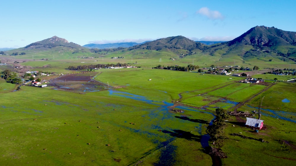 an aerial view of a green field with mountains in the background