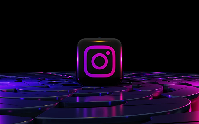 A sleek Instagram post design with vibrant blues and subtle glow effects on a dark background.