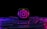 A glowing Instagram logo on a black cube is placed on a futuristic, neon-lit surface with swirling purple and blue patterns. The background is entirely black, enhancing the vibrant glow of the neon colors.