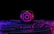 A glowing Instagram logo on a black cube is placed on a futuristic, neon-lit surface with swirling purple and blue patterns. The background is entirely black, enhancing the vibrant glow of the neon colors.