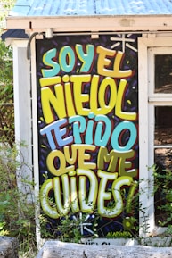 A vibrant piece of graffiti art on a wall among green foliage. The graffiti features the text 'SOY EL NIÑO, TE PIDO QUE ME CUIDES!' in bright colors such as yellow, turquoise, and purple on a black background. The wall is part of a building with a corrugated metal roof.
