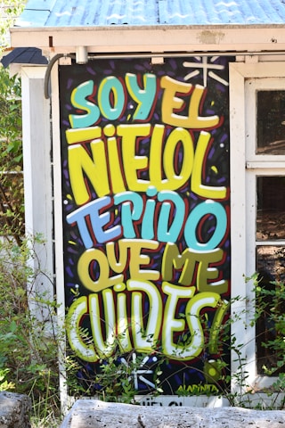 A vibrant piece of graffiti art on a wall among green foliage. The graffiti features the text 'SOY EL NIÑO, TE PIDO QUE ME CUIDES!' in bright colors such as yellow, turquoise, and purple on a black background. The wall is part of a building with a corrugated metal roof.