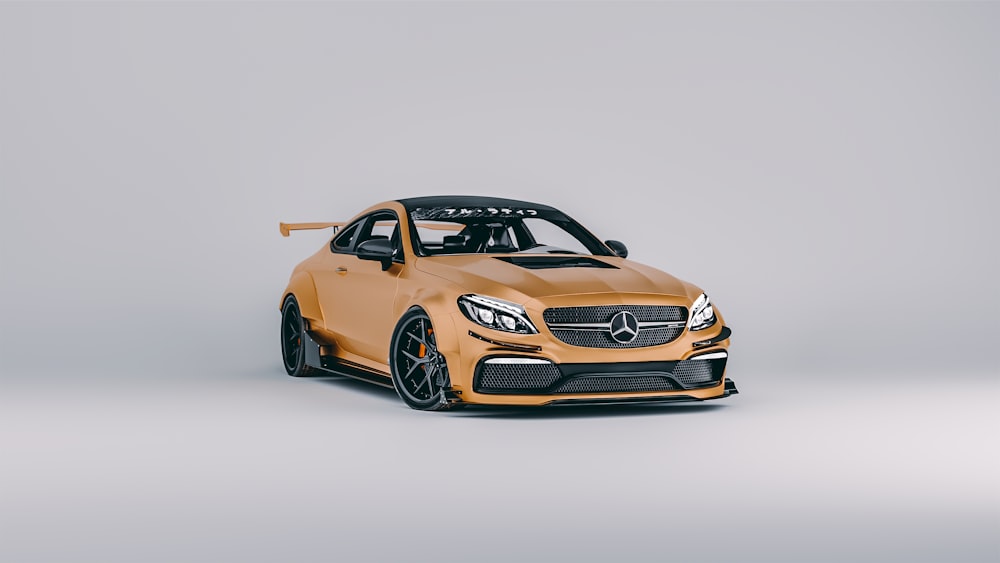 a yellow mercedes cla is shown in a studio