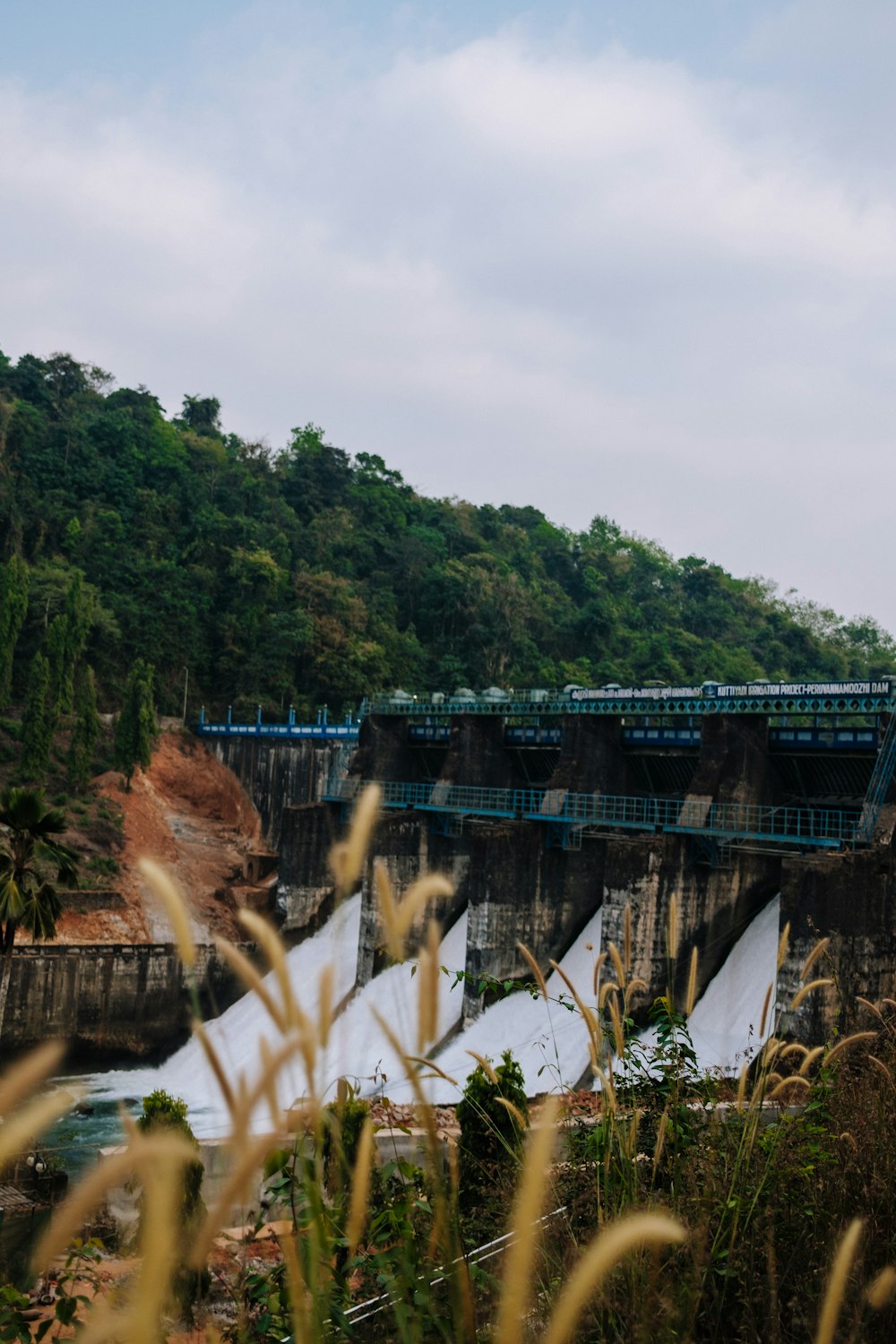 a train traveling over a bridge over a river