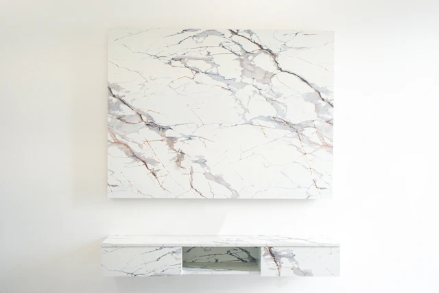 White marble TV wall with open shelves