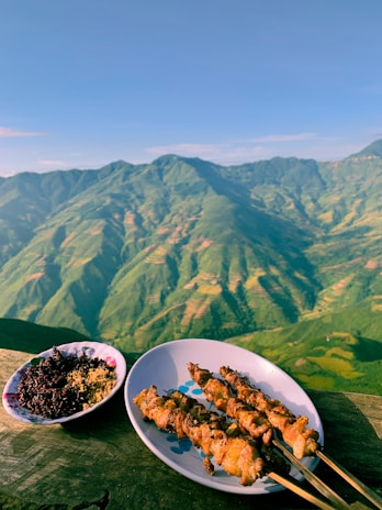 A plate of skewered grilled meat sits on a wooden surface, accompanied by a bowl of dark rice and seasoning. In the background, lush green mountains extend under a clear blue sky, providing a picturesque view.