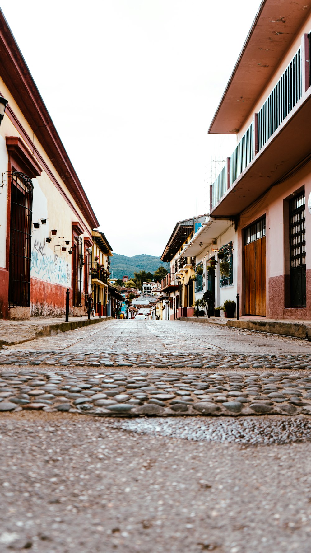 a cobblestone street in a small town