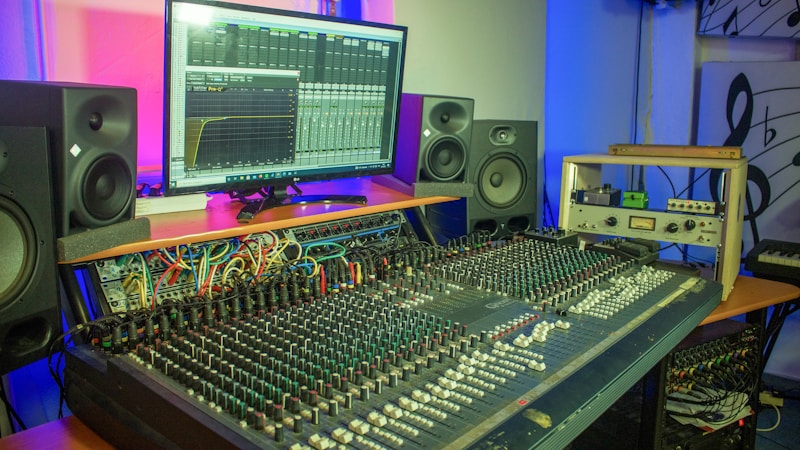 A professional audio production studio setup featuring a large mixing console with numerous knobs and sliders in the foreground. A computer monitor in the background displays audio mixing software with visible equalizer settings. Surrounding the monitor are several large speakers, indicating a focus on sound engineering and clarity. Various cables and audio equipment are organized across the surfaces, contributing to a busy and technical atmosphere. The lighting in the room is a combination of blue and pink hues, creating a dynamic and modern ambiance.