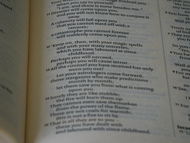 A close-up view of a page from a book with text printed in two columns. The text appears to be a section of literary or religious content with numbered verses, and some parts emphasize warnings and predictions.
