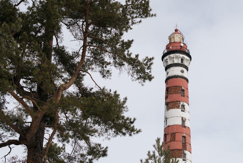 a tall red and white lighthouse next to a tree