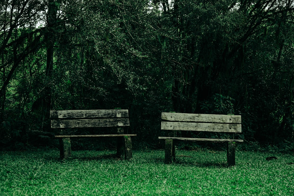 two wooden benches sitting next to each other on a lush green field