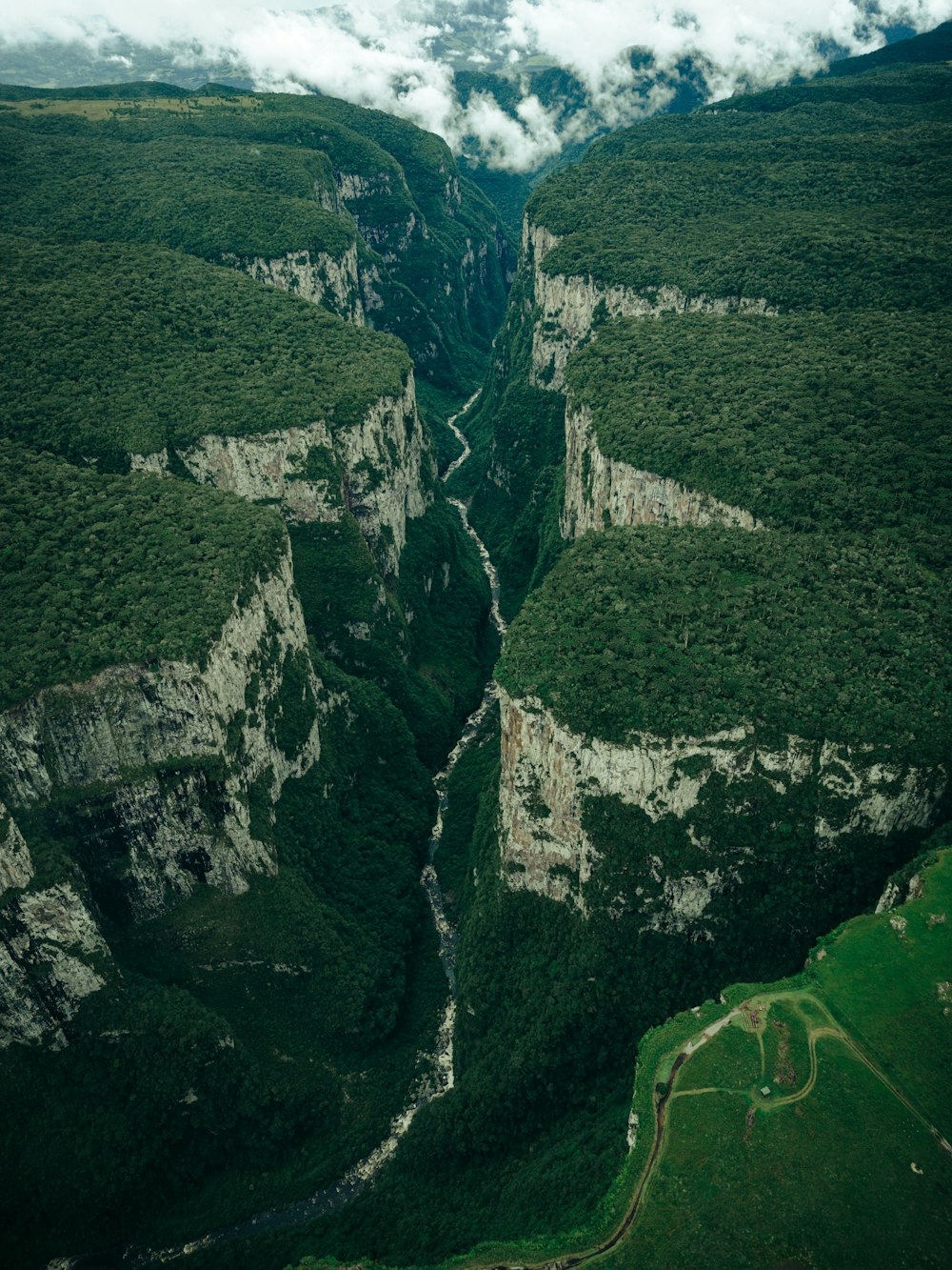 an aerial view of a canyon in the mountains