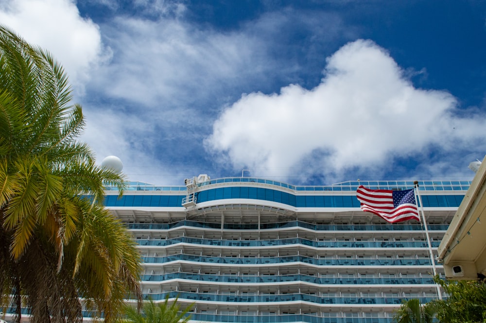 a large building with a flag on top of it