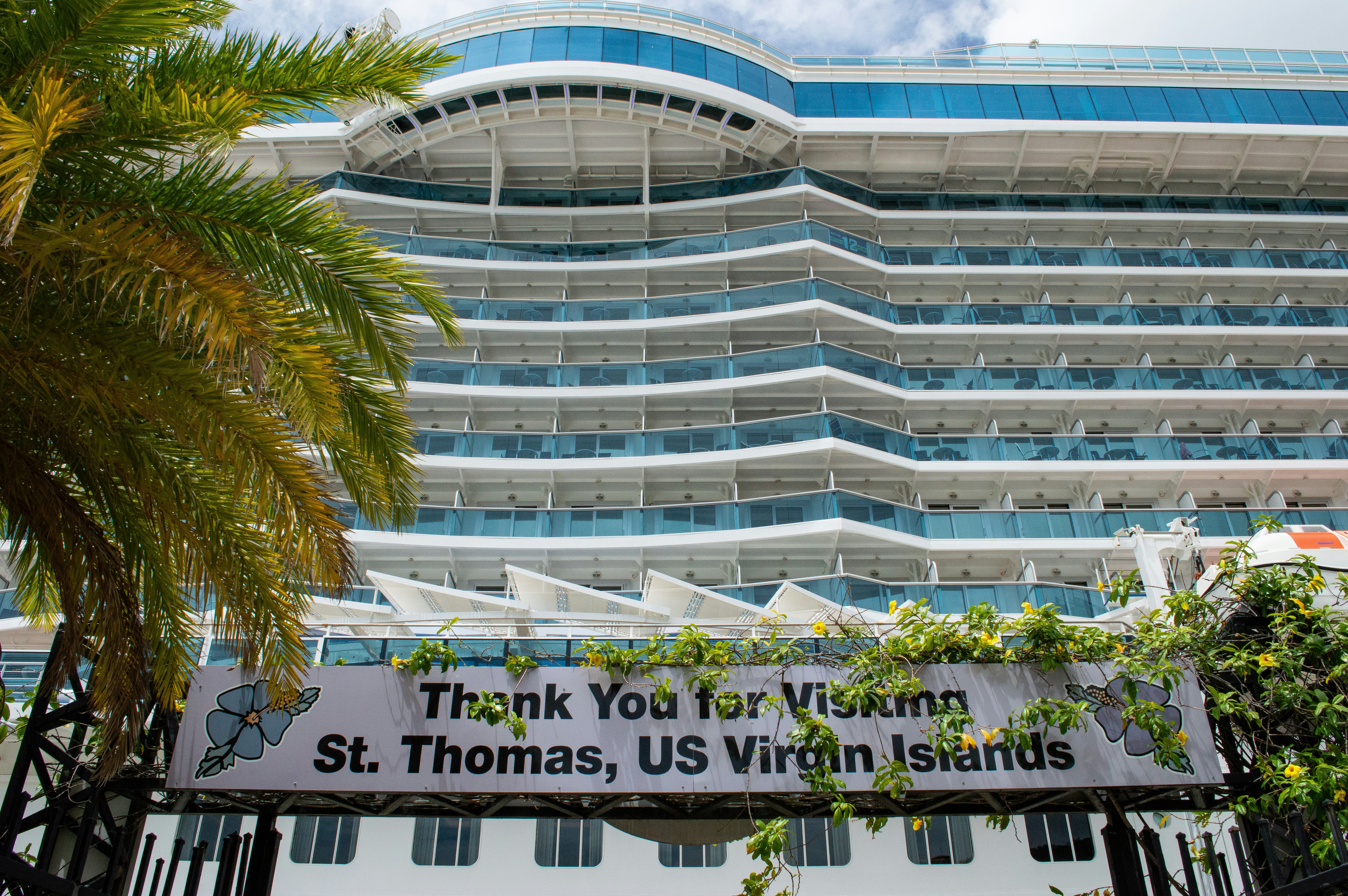 a sign that says thank you for visiting st thomas, us virgin islands, View of Princess Cruise ship from main street in Charlotte Amalie on St Thomas, U.S. Virgin Islands.