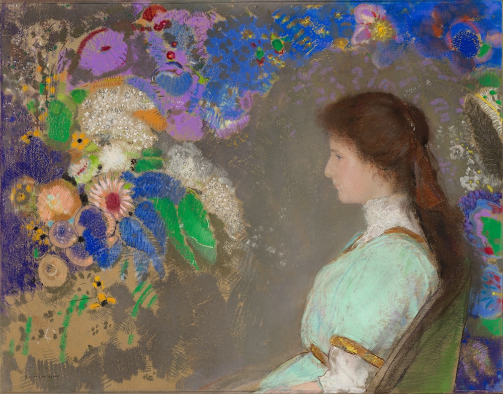 a painting of a woman sitting in front of a vase of flowers